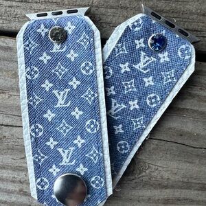 Monogram denim and White leather Apple Watch band